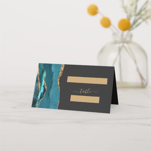 Chic Teal Blue Gold Agate Dark Wedding Place Card