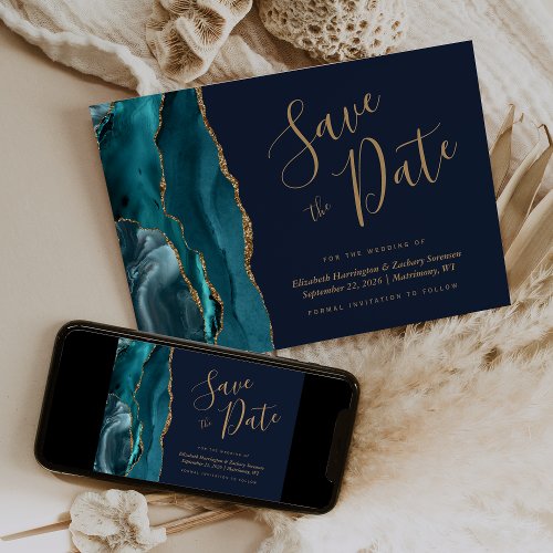 Chic Teal Blue Gold Agate Navy Blue Save the Date Invitation
