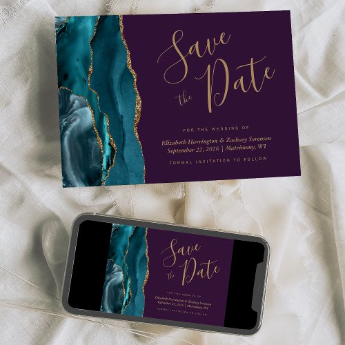 Chic Teal Blue Gold Agate Purple Save the Date Invitation