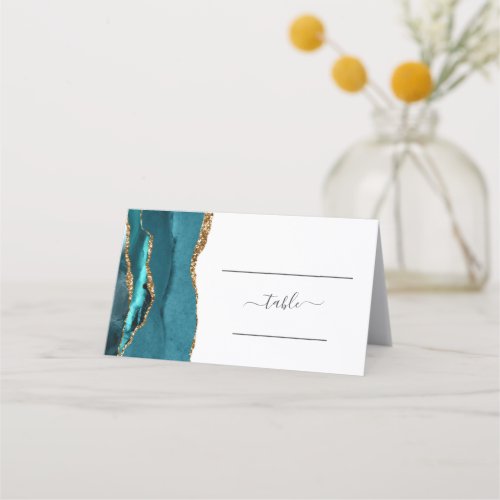 Chic Teal Blue Gold Agate Wedding Table Place Card