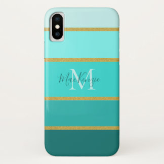 Chic Teal Blue Green Stripes Pattern With Name iPhone X Case