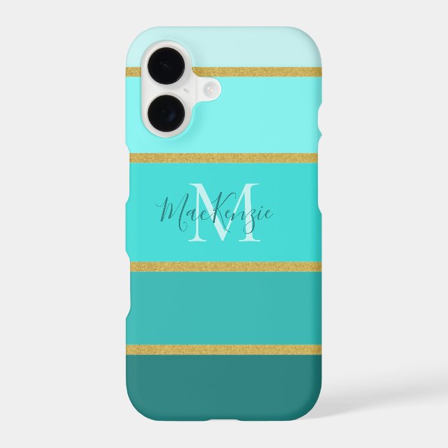 Chic Teal Blue Green Stripes Pattern With Name   Iphone Case (Back)