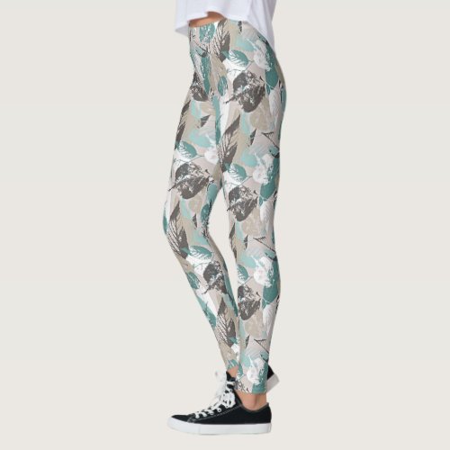 Chic Teal Blue Green Taupe Brown Leaves Pattern Leggings