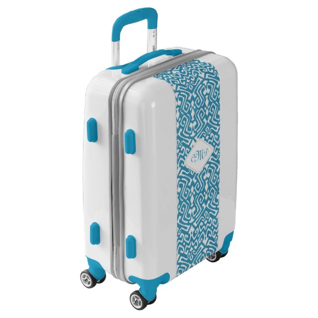 Chic teal blue ikat tribal patterns monogram luggage (Rotated Left)
