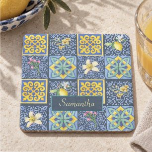 Chic Teal Blue Mediterranean Sicilian Citrus Stone Coaster