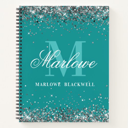 Chic Teal Blue Monogram Silver Glitter Notebook