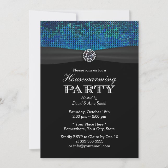 Chic Teal & Blue Paillettes Diamond Housewarming Invitation (Front)