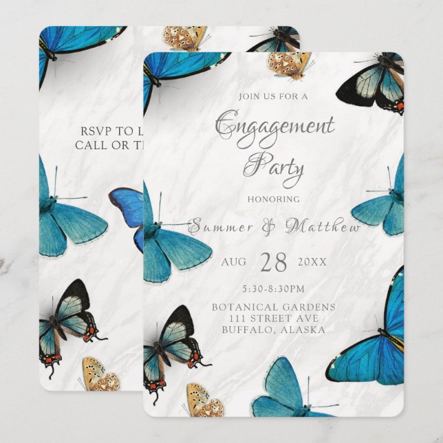 Chic Teal Blue Painted Butterfly Engagement Party Invitation (Front/Back)