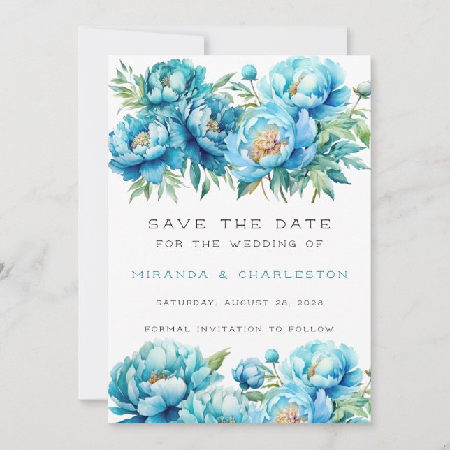 Chic Teal Blue Peony Flower Save The Date Invitation (Front)