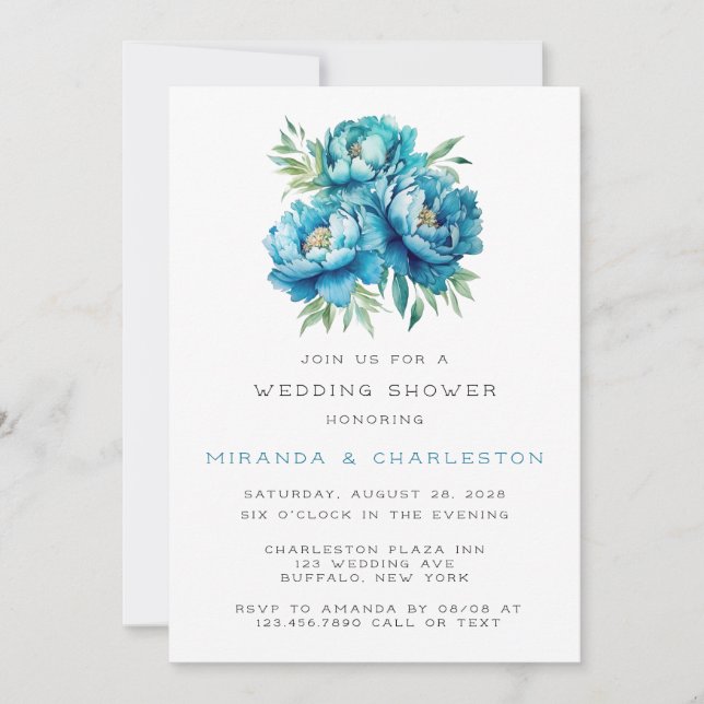 Chic Teal Blue Peony Flower Wedding Shower Invitation (Front)