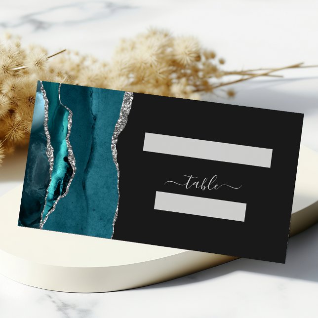 Chic Teal Blue Silver Agate Dark Wedding Place Card (Creator Uploaded)