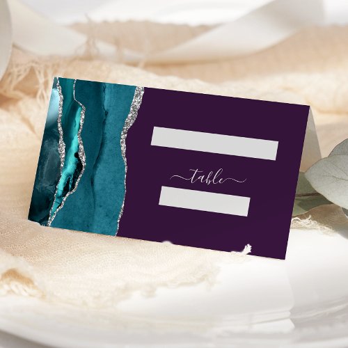 Chic Teal Blue Silver Agate Purple Wedding Place Card