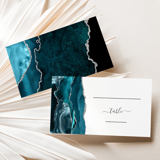 Chic Teal Blue Silver Agate Wedding Escort Place Card (Creator Uploaded)