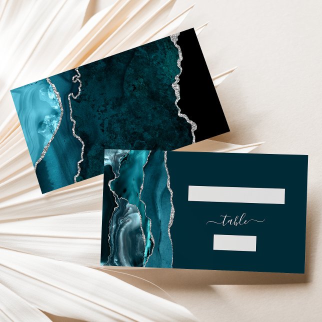 Chic Teal Blue Silver Agate Wedding Escort Place Card (Creator Uploaded)