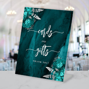 Chic Teal Blue Silver Floral Wedding Cards Gifts Pedestal Sign