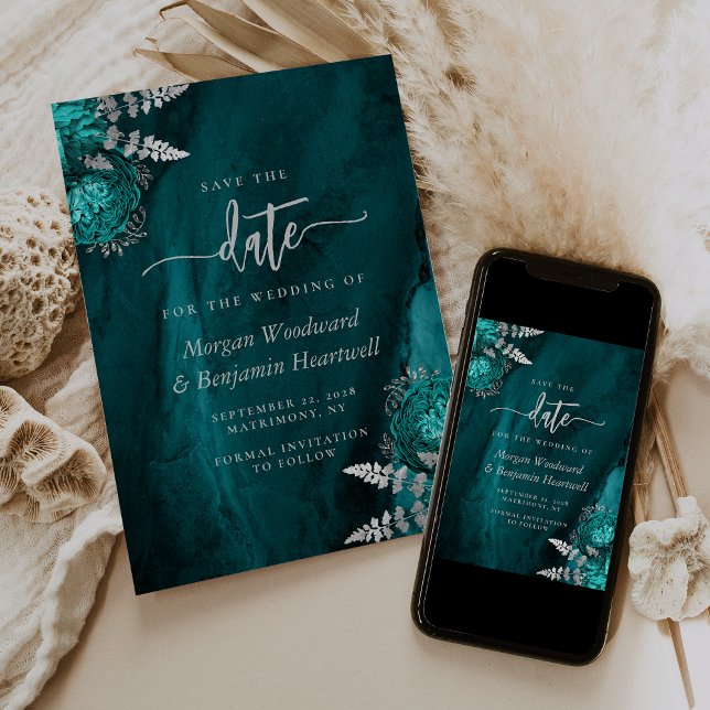 Chic Teal Blue Silver Floral Wedding Save the Date Invitation (Creator Uploaded)