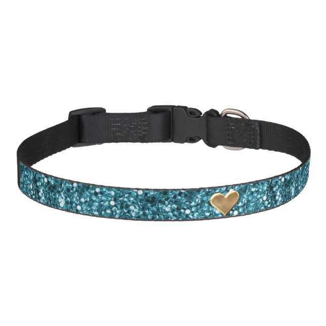 Chic Teal Blue Sparkling Glitter and Gold Heart Pet Collar (Front)
