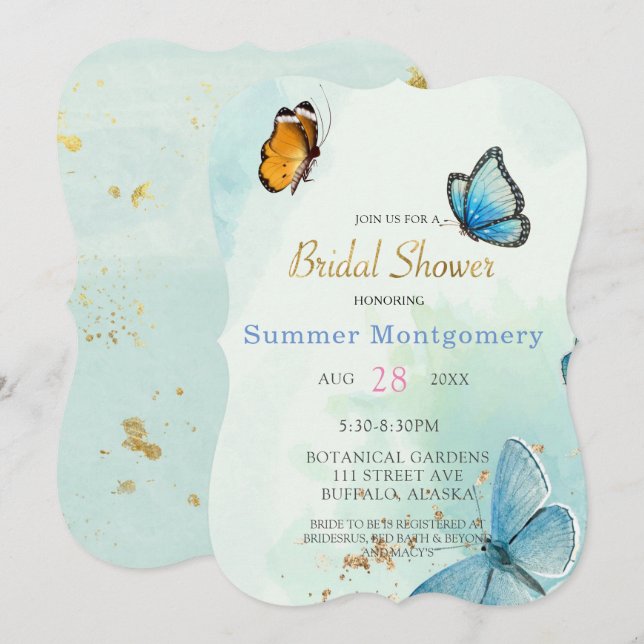 Chic Teal Blue Watercolor Butterfly Bridal Shower Invitation (Front/Back)