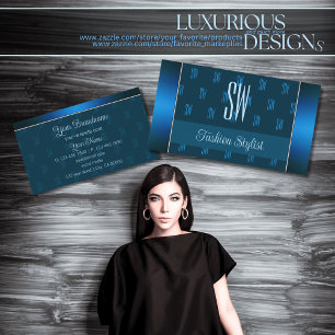 Chic Teal Blue with Monogram Pattern Professional Business Card