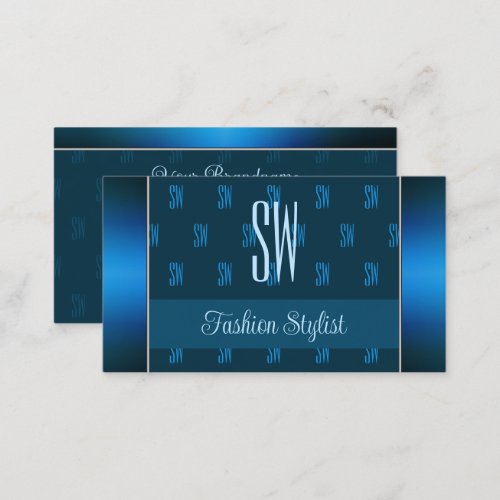 Chic Teal Blue with Monogram Pattern Professional Business Card