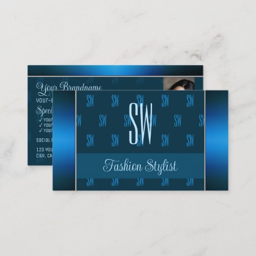 Chic Teal Blue with Photo and Monogram Pattern Business Card