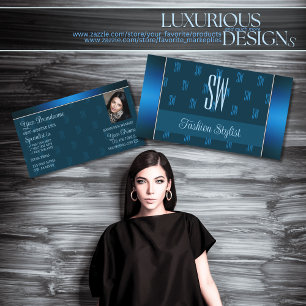 Chic Teal Blue with Photo and Monogram Pattern Business Card