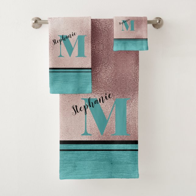 Chic Teal Brushed Metal Monogrammed Elegant Bath T Towel Set (Insitu)