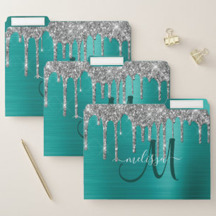 Chic Teal Brushed Metal Silver Glitter Drips Name File Folder