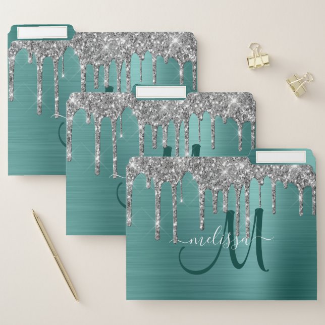 Chic Teal Brushed Metal Silver Glitter Drips Name File Folder (Set)