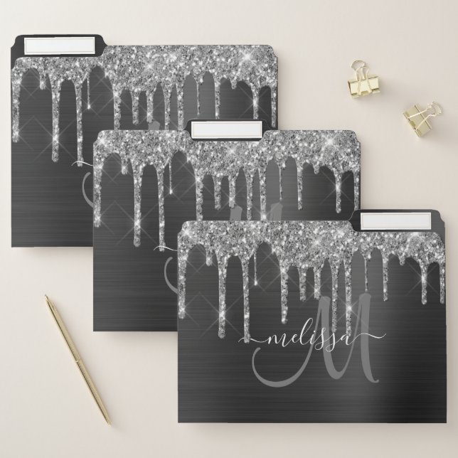 Chic Teal Brushed Metal Silver Glitter Drips Name  File Folder (Set)