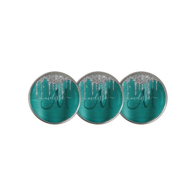 Chic Teal Brushed Metal Silver Glitter Drips Name Golf Ball Marker (3 Up)