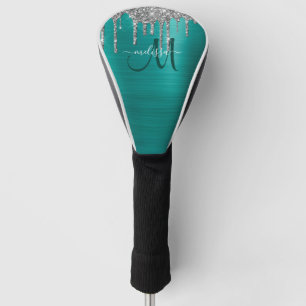Chic Teal Brushed Metal Silver Glitter Drips Name Golf Head Cover