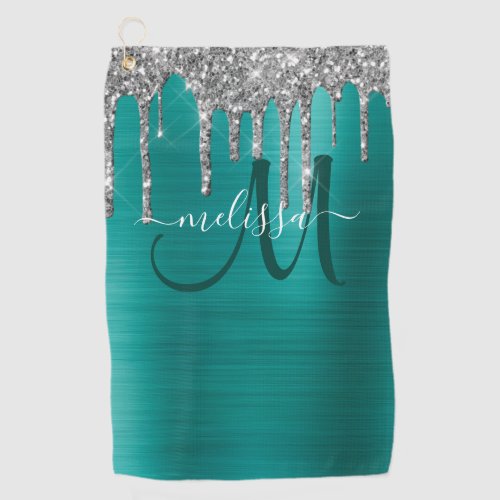 Chic Teal Brushed Metal Silver Glitter Drips Name Golf Towel