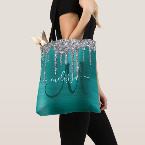 Chic Teal Brushed Metal Silver Glitter Drips Name Tote Bag