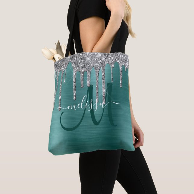 Chic Teal Brushed Metal Silver Glitter Drips Name Tote Bag (Close Up)