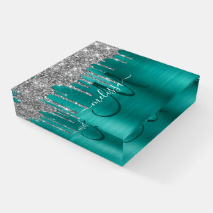 Chic Teal Brushed Metal Silver Glitter Drips Paperweight