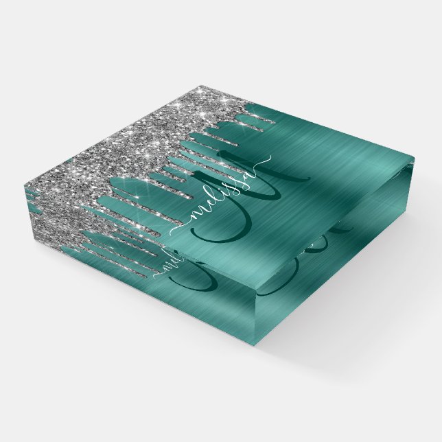 Chic Teal Brushed Metal Silver Glitter Drips Paperweight (Angled)
