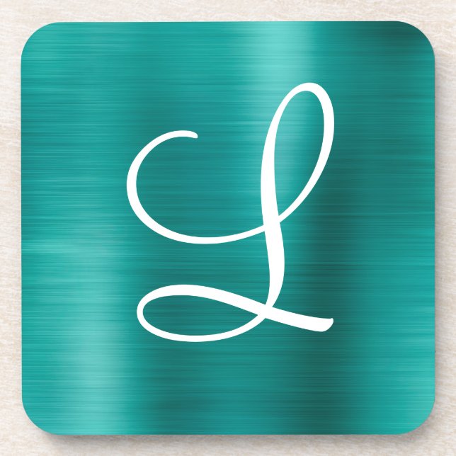 Chic Teal Brushed Metal White Monogram Beverage Coaster (Front)