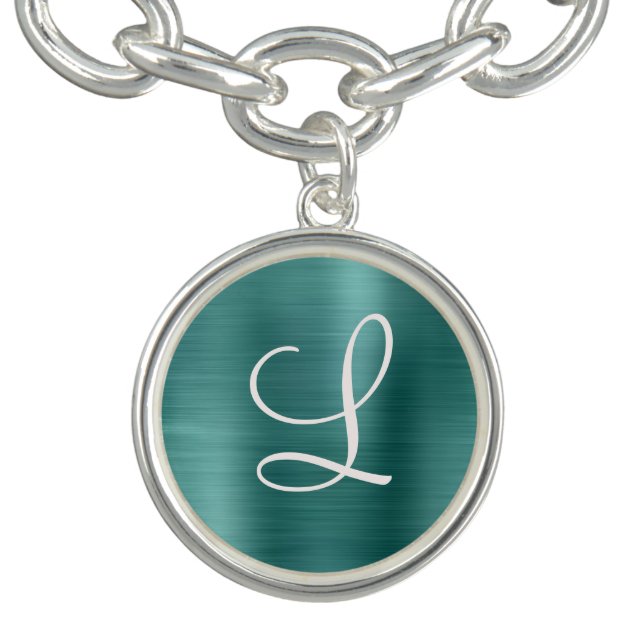 Chic Teal Brushed Metal White Monogram Bracelet (Design)