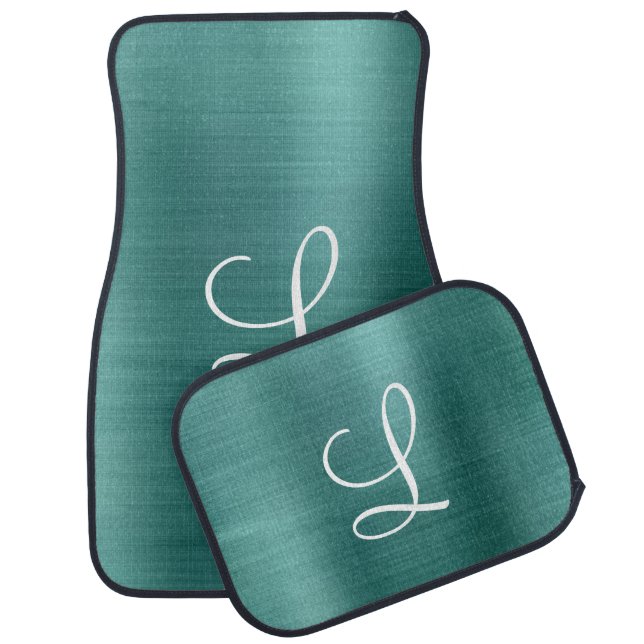 Chic Teal Brushed Metal White Monogram Car Floor Mat (Set)