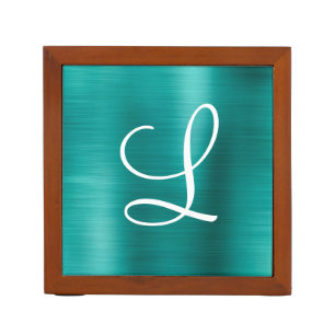 Chic Teal Brushed Metal White Monogram Desk Organizer