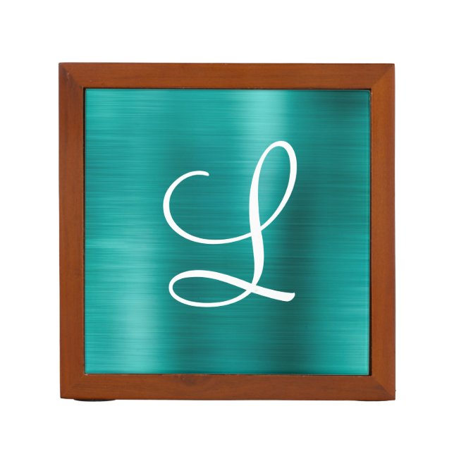 Chic Teal Brushed Metal White Monogram Desk Organizer (Front)