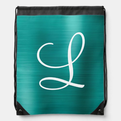 Chic Teal Brushed Metal White Monogram Drawstring Bag