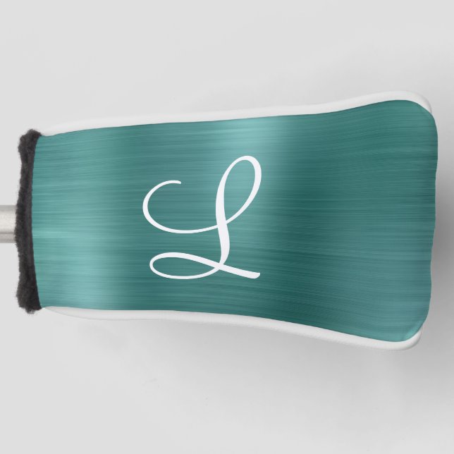 Chic Teal Brushed Metal White Monogram Golf Head Cover (Front)