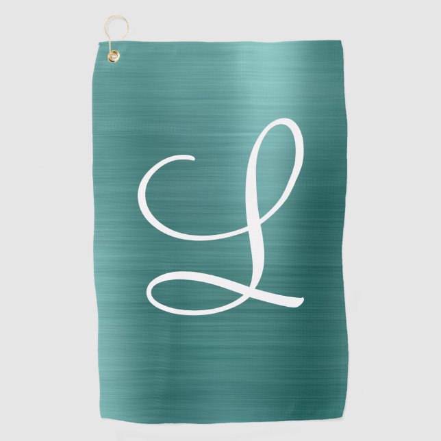 Chic Teal Brushed Metal White Monogram Golf Towel (Front)