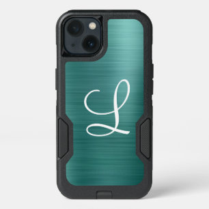 Chic Teal Brushed Metal White Monogram iPhone 13 Case