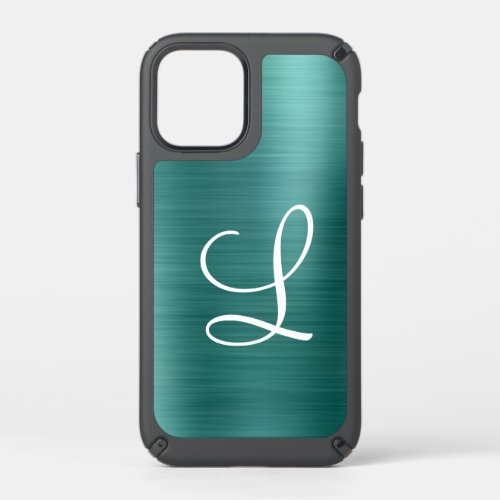 Chic Teal Brushed Metal White Monogram Speck iPhone 12 Mini Case