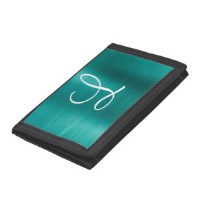 Chic Teal Brushed Metal White Monogram Tri-fold Wallet