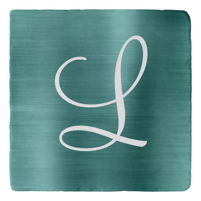 Chic Teal Brushed Metal White Monogram Trivet (Front)