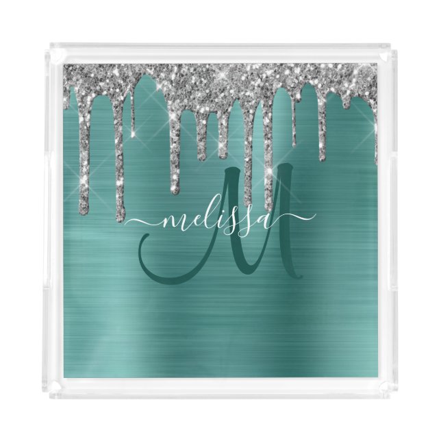 Chic Teal Brushed Metallic Silver Glitter Drips Acrylic Tray (Front)